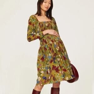 Hatch Maternity Freya Ochre Multicolor Floral Smocked Long Sleeve Dress Size S